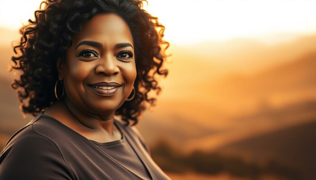 A serene, softly-lit portrait of Oprah Winfrey, her face radiating wisdom and compassion. She stands in the foreground, her gaze direct and confident. The background features a warm, dreamlike landscape with rolling hills and a golden sky, evoking a sense of transcendence and inspiration. The lighting is gentle, creating an ethereal, almost spiritual atmosphere. The composition is balanced and centered, highlighting Oprah's presence as a guiding, transformative figure. This image embodies the essence of Oprah's "Führungsweisheiten" - her ability to lead and inspire others through her strength of character and profound insight.