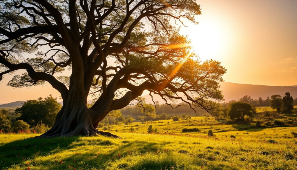 A serene, sun-dappled landscape bathed in warm, golden light. In the foreground, a majestic banyan tree stands tall, its twisted roots and branches symbolizing the enduring strength and resilience of the human spirit. Surrounding it, a lush, verdant meadow dotted with vibrant wildflowers, conveying a sense of tranquility and natural harmony. In the distance, a rolling hill silhouetted against a breathtaking, cloudless sky, evoking a feeling of expansiveness and connection to the divine. The scene radiates a palpable aura of inner peace and unshakable resolve, capturing the essence of the "true source of strength" as described in the article's section.