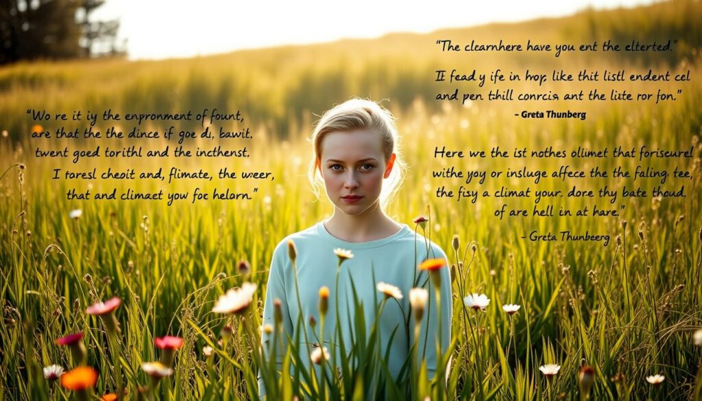 A serene, sunlit meadow with lush, verdant grass and wildflowers in bloom. In the center, a young woman with distinctive features stands confidently, her gaze directed toward the viewer with a determined expression. She appears to be Greta Thunberg, the renowned environmental activist, surrounded by handwritten quotes from her speeches and writings about the urgency of climate action, environmental protection, and the need for global change. The quotes are tastefully integrated into the scene, creating a powerful visual representation of Greta's impactful voice and influential message. The overall composition conveys a sense of hope, inspiration, and a call to action, perfectly suited to illustrate the section on Greta Thunberg's most compelling quotes.
