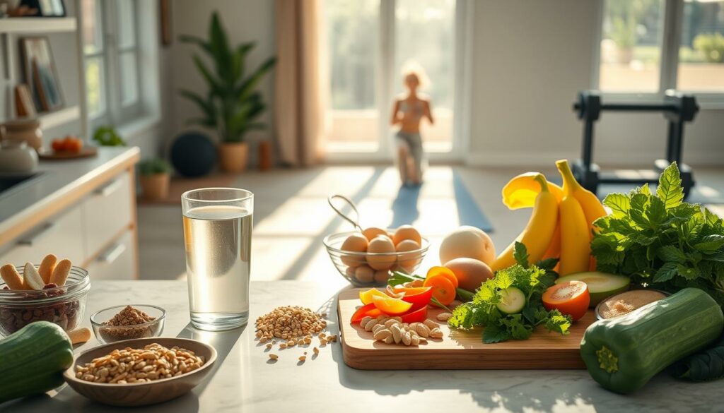 A serene, well-lit kitchen interior with fresh produce, a glass of water, and exercise equipment in the background. The countertop is adorned with a variety of healthy snacks, whole grains, and a cutting board with sliced vegetables. Sunlight filters in through large windows, creating a warm, inviting atmosphere. In the distance, a yoga mat and free weights are neatly arranged, signifying the importance of a balanced lifestyle of nutrition, daily routines, and physical activity. The overall scene conveys a sense of balance, wellness, and the holistic approach to a healthy, active everyday life. A serene, well-lit kitchen interior with fresh produce, a glass of water, and exercise equipment in the background. The countertop is adorned with a variety of healthy snacks, whole grains, and a cutting board with sliced vegetables. Sunlight filters in through large windows, creating a warm, inviting atmosphere. In the distance, a yoga mat and free weights are neatly arranged, signifying the importance of a balanced lifestyle of nutrition, daily routines, and physical activity. The overall scene conveys a sense of balance, wellness, and the holistic approach to a healthy, active everyday life.