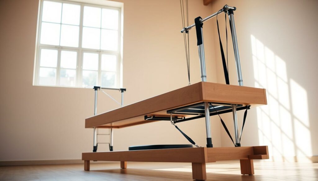 A sleek, modern Pilates reformer standing prominently in a bright, airy studio space. The reformer is made of polished wood and steel, with clean lines and a minimalist design. Overhead, natural light streams in through large windows, casting a warm glow on the equipment. In the background, a neutral-toned wall provides a simple, uncluttered backdrop, allowing the reformer to be the focal point. The overall atmosphere conveys a sense of wellness, focus, and functionality - ideal for a man's Pilates practice. The camera angle captures the reformer at an eye-level perspective, showcasing its sturdy build and versatile features. A sleek, modern Pilates reformer standing prominently in a bright, airy studio space. The reformer is made of polished wood and steel, with clean lines and a minimalist design. Overhead, natural light streams in through large windows, casting a warm glow on the equipment. In the background, a neutral-toned wall provides a simple, uncluttered backdrop, allowing the reformer to be the focal point. The overall atmosphere conveys a sense of wellness, focus, and functionality - ideal for a man's Pilates practice. The camera angle captures the reformer at an eye-level perspective, showcasing its sturdy build and versatile features.