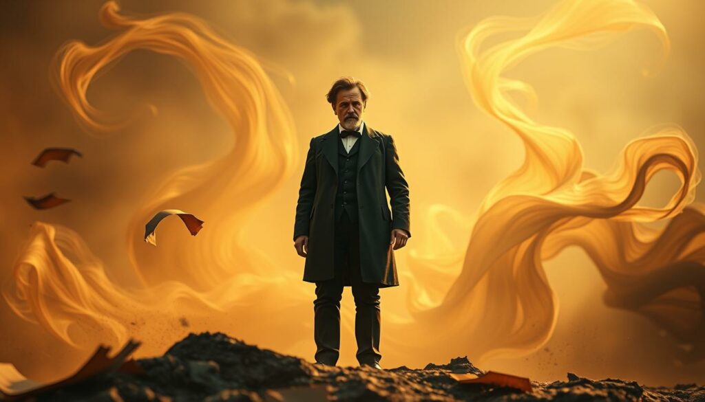 A solitary figure, Friedrich Nietzsche, stands defiantly against a backdrop of swirling abstract forms, symbolizing the individualism and freedom that permeate his philosophical teachings. His steely gaze and resolute stance convey a sense of uncompromising determination, as the tattered pages of his writings flutter in an unseen breeze. Warm, golden light filters through the scene, casting a contemplative, almost ethereal atmosphere, while the muted color palette evokes the depth and complexity of Nietzsche's ideas. The composition draws the viewer's eye to the central figure, inviting deep reflection on the nature of individual liberty and the responsibility it entails.