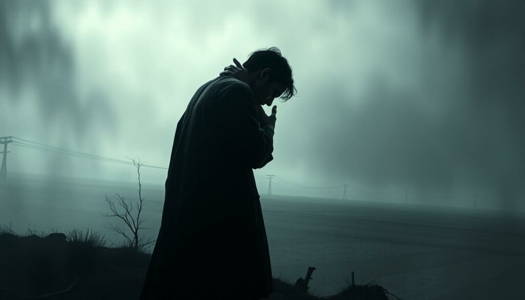 A somber, yet contemplative scene depicting the profound connections and struggles of the human condition, as inspired by the writings of Franz Kafka. In the foreground, two figures - one hunched, the other reaching out - engage in a poignant embrace, their expressions conveying a quiet vulnerability. The middle ground is shrouded in a moody, atmospheric haze, suggesting the complexities and uncertainties that often define our relationships. In the background, a sparse, desolate landscape stretches out, mirroring the isolation and existential themes that permeate Kafka's work. The lighting is soft and muted, casting a pensive, melancholic tone over the entire composition. Rendered with a painterly, textural quality, this image aims to capture the essence of Kafka's reflections on the human condition and the fragile, yet essential, bonds that connect us.