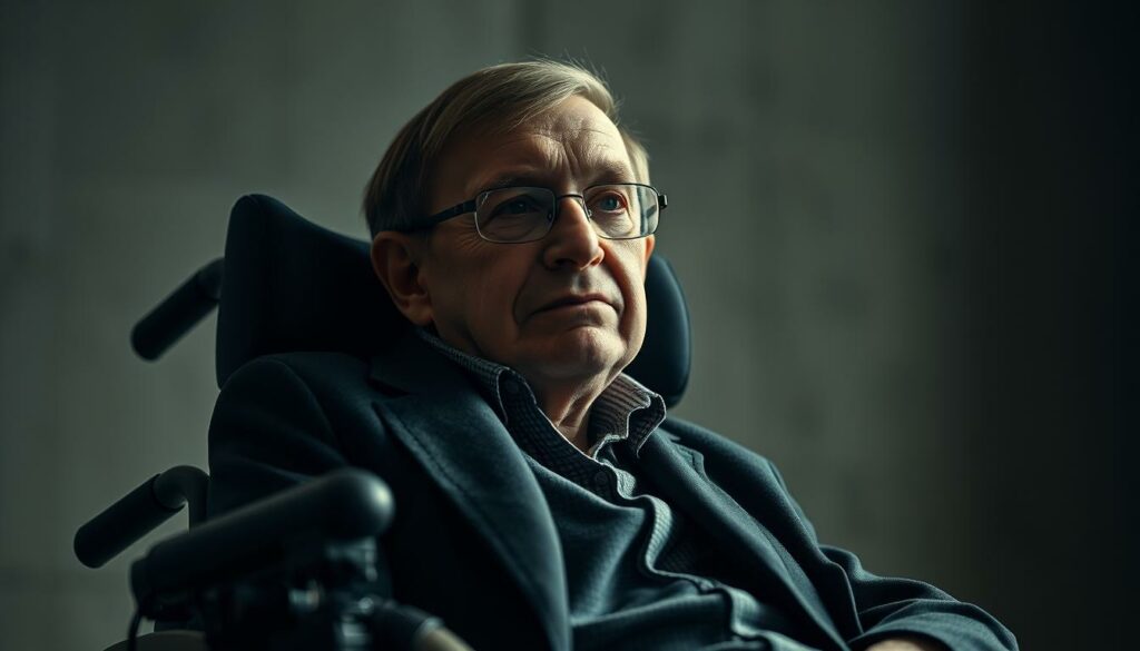 A striking, cinematic portrait of the renowned physicist Stephen Hawking, captured in a contemplative pose against a subtly blurred backdrop. The lighting is soft and dramatic, casting deep shadows that accentuate the lines and contours of his face, conveying a sense of profound thought and introspection. The composition is balanced and elegant, with Hawking's iconic wheelchair subtly integrated into the frame, serving as a symbolic representation of his extraordinary life and achievements. The overall mood is one of reverence and intellectual gravity, befitting the gravity-defying brilliance of the man whose words have inspired millions.