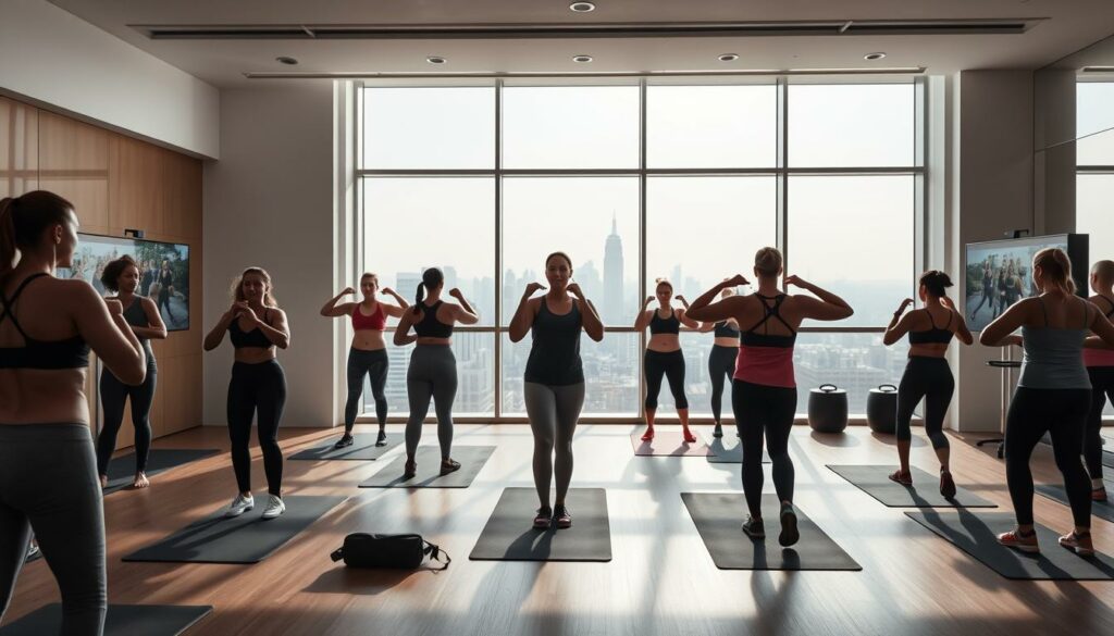 A sun-drenched, modern fitness studio with sleek, minimalist decor. In the foreground, an array of Apple Fitness+ instructors lead a diverse group of people through a dynamic, high-energy workout session, their movements captured in crisp detail by a wide-angle lens. The middle ground showcases the latest Apple Fitness+ equipment, including weighted resistance bands, yoga mats, and state-of-the-art smart screens displaying the workout routines. In the background, large windows offer a panoramic view of a picturesque, urban cityscape, bathed in soft, diffused natural lighting. The overall atmosphere conveys a sense of motivation, wellness, and the cutting-edge technology of the Apple Fitness+ experience.