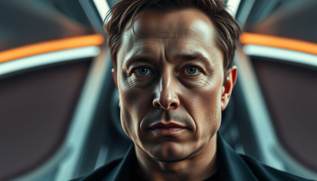 A thought-provoking portrait of Elon Musk, the renowned tech visionary. Set against a sleek, futuristic backdrop, Musk's penetrating gaze exudes a sense of profound contemplation. Soft lighting illuminates his chiseled features, casting dramatic shadows that accentuate his intense expression. The scene evokes a sense of innovation and ambition, reflecting Musk's visionary ideas that have captivated the tech world. The composition is balanced, with Musk's figure occupying the central focus, surrounded by an environment that suggests the technological advancements he aims to shape. This image aims to capture the essence of Musk's influential presence and the impact of his visionary quotes on the ever-evolving tech landscape.