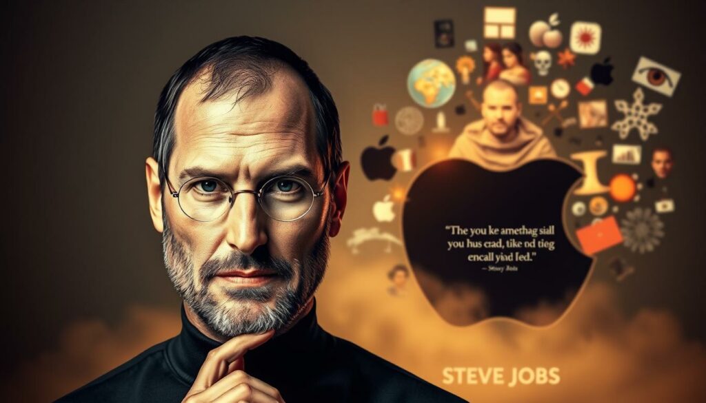 A thoughtful analysis of Steve Jobs' iconic quotes, captured in a vivid, artistic tableau. In the foreground, a pensive portrait of Jobs, his gaze piercing, set against a muted, contemplative backdrop. The middle ground features key quotes from the tech visionary, their meanings subtly hinted at through symbolic imagery. In the background, a dreamlike composition of Apple products and design elements, evoking the innovative spirit that defined Jobs' legacy. Soft, warm lighting casts an introspective mood, inviting the viewer to ponder the profound wisdom and philosophy behind these famous words. Masterfully composed to capture the essence of the "Zitate von Steve Jobs & Apple-Philosophie" section.