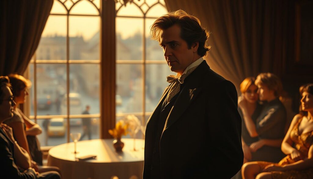 A thoughtful, pensive Oscar Wilde stands in a dimly lit drawing-room, his sharp gaze directed towards a mischievous gathering of aristocratic socialites. The scene is bathed in warm, golden light, casting dramatic shadows that accentuate Wilde's contemplative expression. In the background, a large window overlooks a bustling city streetscape, symbolizing the disconnect between Wilde's incisive social commentary and the oblivious upper class. The composition is balanced and visually striking, inviting the viewer to consider Wilde's trenchant observations on the hypocrisies and follies of Victorian society.