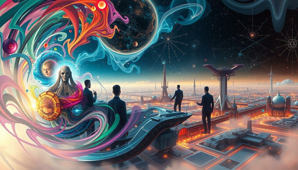 A visionary technological landscape unfolds, infused with the imaginative minds of pioneering innovators. In the foreground, a swirling vortex of abstract shapes and vibrant hues represents the boundless creativity and forward-thinking ideation of these visionaries. Amidst this cerebral maelstrom, ghostly silhouettes emerge, hinting at the brilliant, yet enigmatic figures behind the revolutionary concepts. The middle ground is a kaleidoscope of intricate mechanical structures, futuristic devices, and interconnected systems, all coalescing into a harmonious symphony of innovation. The background is a dreamlike expanse, a celestial canvas of shimmering lights and ethereal textures, evoking the visionary's ability to transcend the boundaries of the present and envision the possibilities of tomorrow.