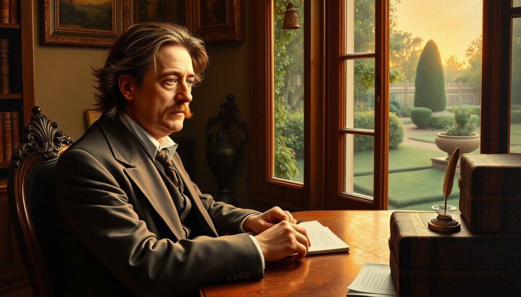 A warm, romantic oil painting depicting Oscar Wilde seated at a writing desk, gazing pensively out a window. The foreground shows Wilde's pensive expression, his face framed by his signature long hair and mustache. The middle ground features an ornate, Victorian-style writing desk with leather-bound books and a quill. The background depicts a lush, verdant garden scene outside the window, with the soft glow of sunset lighting the scene. The overall mood is one of introspection and contemplation, reflecting Wilde's famous wit and wisdom on the subject of love and relationships.