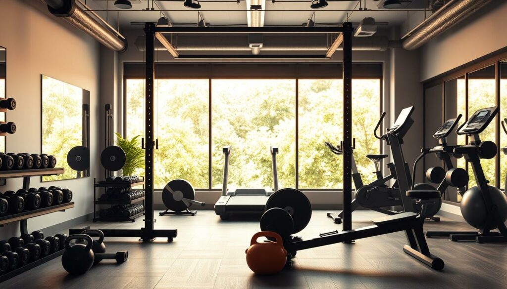 A well-equipped gym interior with modern fitness equipment arranged in a visually appealing layout. The foreground features a sturdy power rack, dumbbells, kettlebells, and a sleek rowing machine. In the middle ground, a treadmill and a stationary bike stand ready for cardio exercises. The background showcases a large window overlooking a lush, green outdoor space, bathing the scene in warm, natural lighting. The overall atmosphere conveys a sense of balance between strength training, mobility work, and functional movements seamlessly integrated into a comprehensive workout plan.