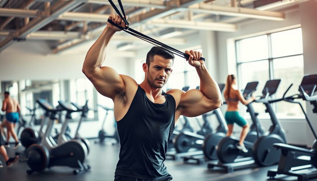 A well-equipped gym with bright, natural lighting. In the foreground, a muscular male subject performing a hybrid exercise, combining the use of resistance bands and a barbell to target multiple muscle groups simultaneously. In the middle ground, other gym-goers engage in a variety of strength training exercises, including dumbbell curls and weighted squats. The background features state-of-the-art cardio equipment, such as treadmills and stationary bikes, suggesting a comprehensive fitness facility. The overall atmosphere conveys a sense of focused determination and dynamic energy, reflecting the optimal mix of EMS, free weights, and cardio for building muscle and improving overall fitness.