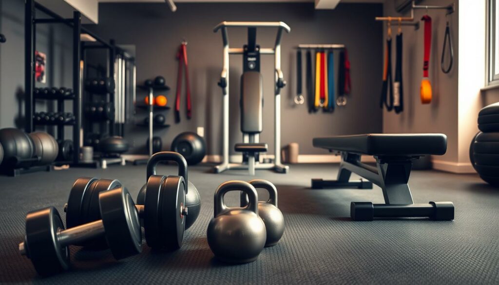 A well-equipped home gym, filled with various strength training equipment. In the foreground, a sleek adjustable dumbbell set, kettle bells, and a sturdy weight bench sit on a textured rubber floor mat. In the middle ground, a compact multi-functional home exercise machine stands ready, its efficient design complementing the modern, minimalist decor. The background features a wall-mounted pull-up bar and a set of resistance bands hanging from hooks, creating a sense of a complete, versatile workout space. Soft, directional lighting casts a warm, motivating glow, enhancing the high-quality, professional-grade feel of the entire setup. A well-equipped home gym, filled with various strength training equipment. In the foreground, a sleek adjustable dumbbell set, kettle bells, and a sturdy weight bench sit on a textured rubber floor mat. In the middle ground, a compact multi-functional home exercise machine stands ready, its efficient design complementing the modern, minimalist decor. The background features a wall-mounted pull-up bar and a set of resistance bands hanging from hooks, creating a sense of a complete, versatile workout space. Soft, directional lighting casts a warm, motivating glow, enhancing the high-quality, professional-grade feel of the entire setup.