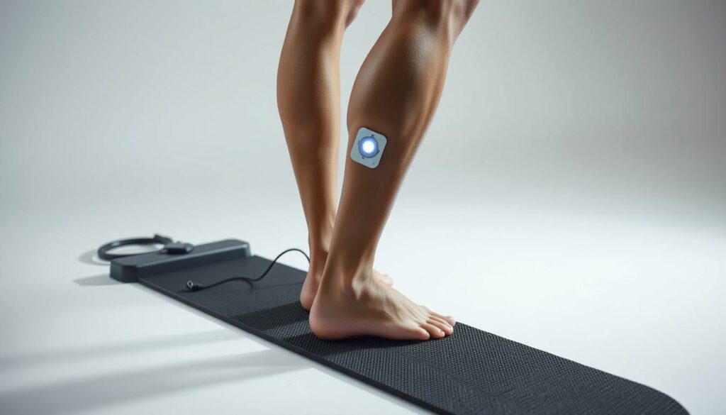 A well-lit, close-up studio shot of a person's lower body and feet, standing on an EMS training platform. The person is wearing compression shorts and EMS electrodes are visible on their legs and hips. The platform is clean and modern, with a minimalist, uncluttered background. The lighting is soft and even, creating depth and highlighting the electrodes and the person's form. The overall mood is instructional and informative, conveying the proper way to set up and start an EMS training session safely and effectively.
