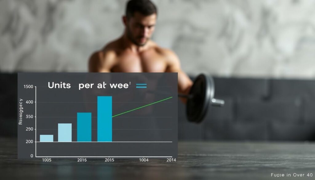 A well-lit, high-contrast illustration depicting the concept of "units per week" in the context of muscle-building for men over 40. The foreground features a simple graph or chart with clear data visualizations, using clean geometric shapes and a minimalist color palette of grays, blues, and greens. The middle ground shows a male figure in a dynamic workout pose, conveying the principles of training intensity and frequency. The background blurs into an abstract, textural environment, suggesting the broader concepts of fitness and personal health. The overall mood is precise, informative, and motivating, with a technical, data-driven aesthetic. A well-lit, high-contrast illustration depicting the concept of "units per week" in the context of muscle-building for men over 40. The foreground features a simple graph or chart with clear data visualizations, using clean geometric shapes and a minimalist color palette of grays, blues, and greens. The middle ground shows a male figure in a dynamic workout pose, conveying the principles of training intensity and frequency. The background blurs into an abstract, textural environment, suggesting the broader concepts of fitness and personal health. The overall mood is precise, informative, and motivating, with a technical, data-driven aesthetic.
