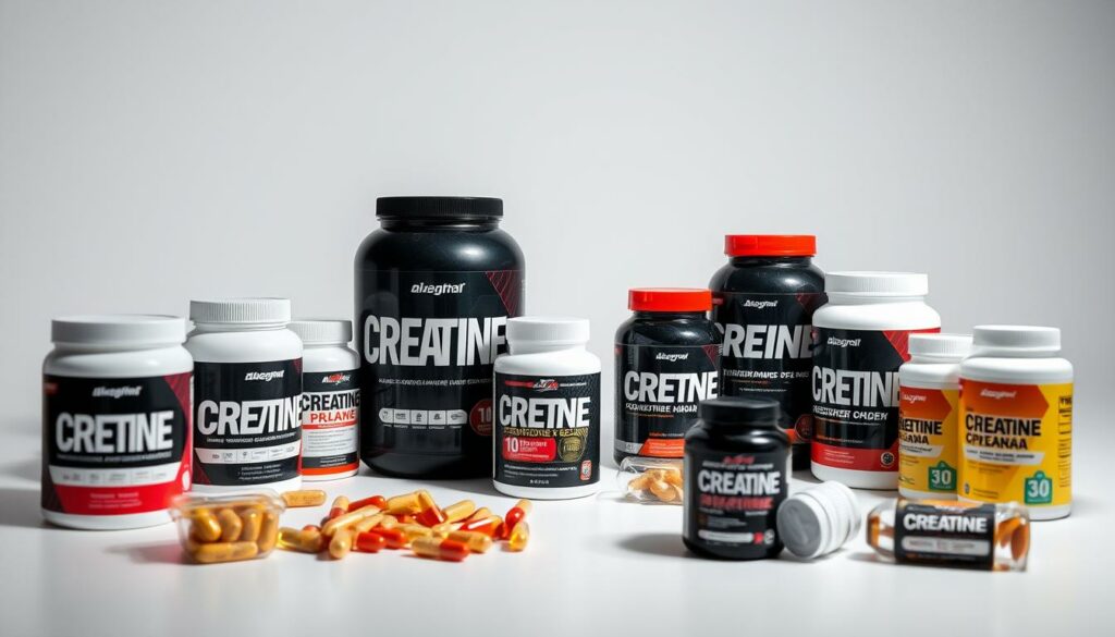 A well-lit studio setting featuring an assortment of creatine supplements in various forms - powders, capsules, and combination stacks. The products are neatly arranged on a clean, minimal table or countertop, with a soft, diffused lighting illuminating the scene. The image conveys a sense of professionalism, practicality, and accessibility, reflecting the "Formate & Alltagstauglichkeit" (formats and everyday usability) theme of the article section. The overall mood is clean, modern, and informative, inviting the viewer to explore the different creatine supplement options for their fitness and muscle-building needs.