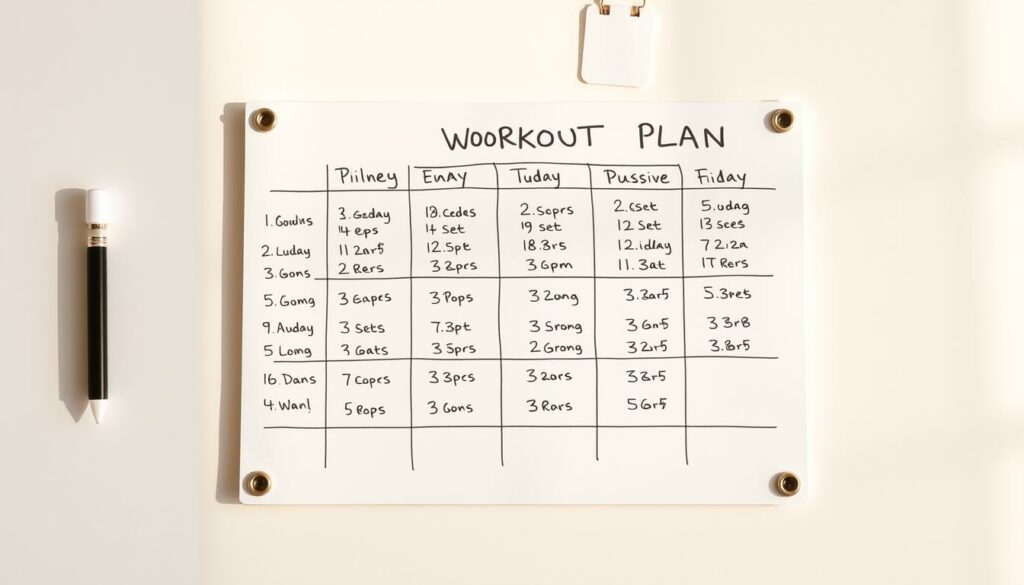 A well-organized weekly workout plan prominently displayed on a clean, minimalist background. The plan is handwritten on a light-colored surface, perhaps a whiteboard or sketchpad, showcasing a clear progression of exercises, sets, and reps for an effective Pilates routine. The plan is structured in a grid-like layout, with distinct sections for different muscle groups and days of the week. The mood is focused, organized, and goal-oriented, reflecting the subject's desire for measurable results through a structured training program. Warm, natural lighting illuminates the scene, creating a sense of professionalism and attention to detail. The overall composition emphasizes the importance of a well-designed workout plan for achieving a strong core and fitness goals. A well-organized weekly workout plan prominently displayed on a clean, minimalist background. The plan is handwritten on a light-colored surface, perhaps a whiteboard or sketchpad, showcasing a clear progression of exercises, sets, and reps for an effective Pilates routine. The plan is structured in a grid-like layout, with distinct sections for different muscle groups and days of the week. The mood is focused, organized, and goal-oriented, reflecting the subject's desire for measurable results through a structured training program. Warm, natural lighting illuminates the scene, creating a sense of professionalism and attention to detail. The overall composition emphasizes the importance of a well-designed workout plan for achieving a strong core and fitness goals.