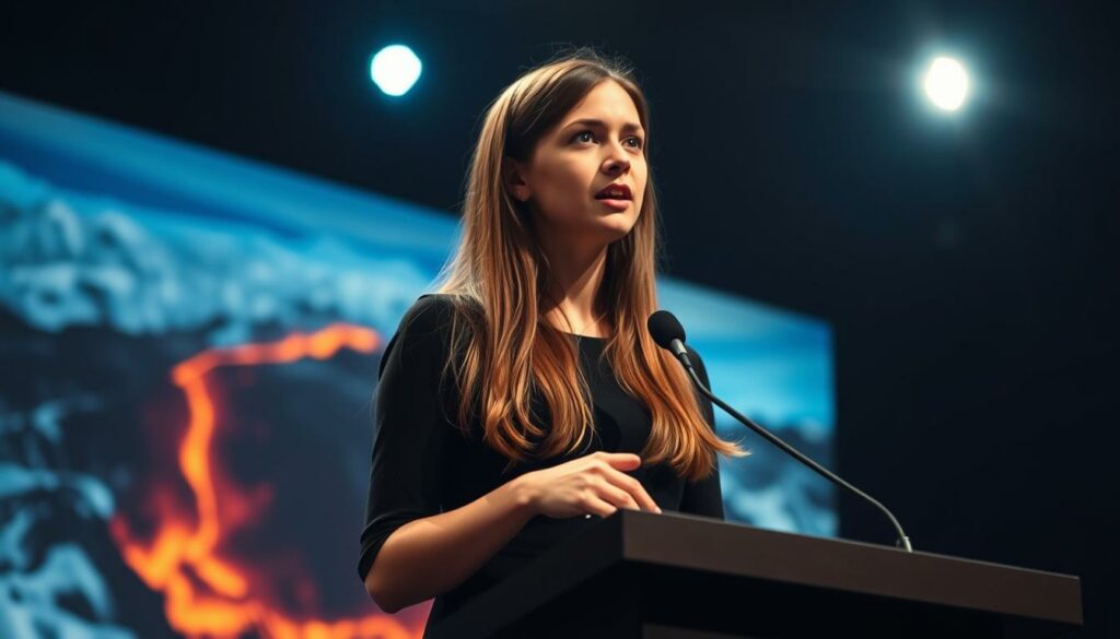 A young woman with long brown hair stands at a podium, delivering a passionate speech about climate change. She is dressed in a simple black dress, her face intense with conviction. Behind her, a large screen displays images of environmental devastation - melting glaciers, raging wildfires, and polluted cityscapes. The lighting is dramatic, with a spotlight illuminating the speaker and a somber, moody atmosphere pervading the scene. The camera angle is slightly low, emphasizing the gravitas of the moment. This is Greta Thunberg, the celebrated Swedish climate activist, captivating the world with her unwavering call to action on the global environmental crisis.