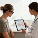 Junge Frau spricht mit plastischer Chirurgin über eine mögliche Brust-OP in einem hellen, modernen Behandlungsraum (Symbolbild).