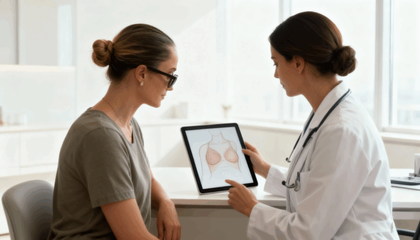 Junge Frau spricht mit plastischer Chirurgin über eine mögliche Brust-OP in einem hellen, modernen Behandlungsraum (Symbolbild).