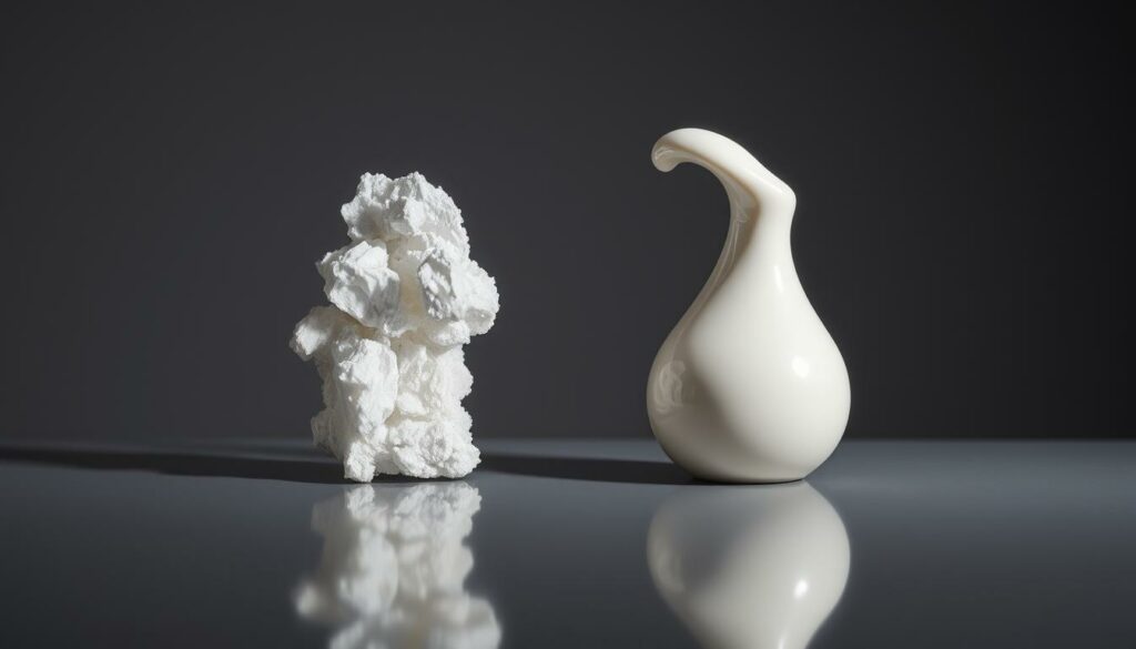 Monohydrate and HCL: two distinct creatine forms, standing side by side on a sleek, mirrored surface. The monohydrate appears as a crystalline structure, while the HCL form exudes a more fluid, liquid-like presence. Soft, directional lighting casts subtle shadows, accentuating the sculptural quality of the supplements. The background is a muted, monochromatic palette, allowing the creatine forms to take center stage and captivate the viewer's attention. This image conveys the essence of the "Monohydrat vs. HCL: Welche Form passt zu dir?" section, inviting the viewer to explore the nuances between these two creatine variants.