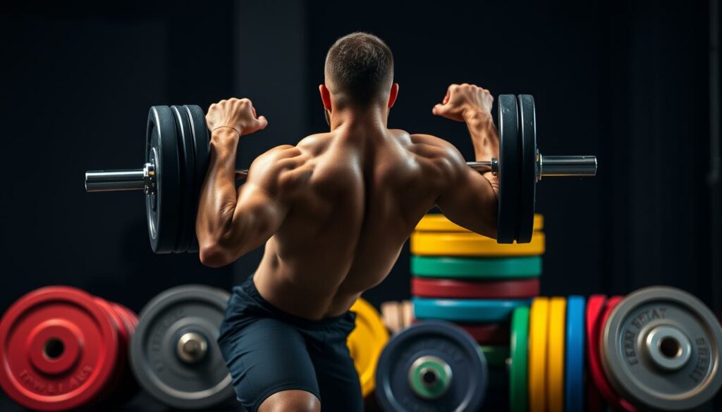Prompt A high-intensity weight training session with a focus on compound exercises. In the foreground, a muscular male figure performs a barbell back squat with perfect form, his face concentrated and determined. The middle ground features a series of large, colorful weight plates stacked and arranged in a visually striking pattern, conveying the intensity and repetition of the workout. The background is dimly lit, with a moody atmosphere created by dramatic shadows and highlights, emphasizing the effort and dedication required for effective fat-burning strength training. The overall scene exudes a sense of power, discipline, and the transformative potential of a well-designed weight training regimen.