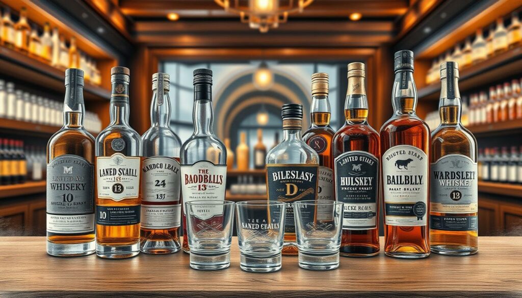 A beautifully arranged display of limited edition whiskies, featuring elegant bottles with intricate designs and distinctive labels, prominently in the foreground. The bottles should vary in height and shape, showcasing an array of styles from classic Scotch to unique Bourbons. Set against a softly blurred backdrop that hints at a luxurious whiskey distillery interior, with rich wooden shelves and ambient warm lighting creating a refined atmosphere. Delicate highlights and shadows enhance the textures of the glass and labels, adding depth to the scene. In the middle ground, showcase a tastefully organized tasting set with crystal glasses and whiskey stones, all illustrated in a monochrome pencil style with selective bursts of color on the whiskey bottles and labels to captivate the viewer's attention. The overall mood should convey sophistication and exclusivity, inviting the viewer into a world of premium whiskey exploration.
