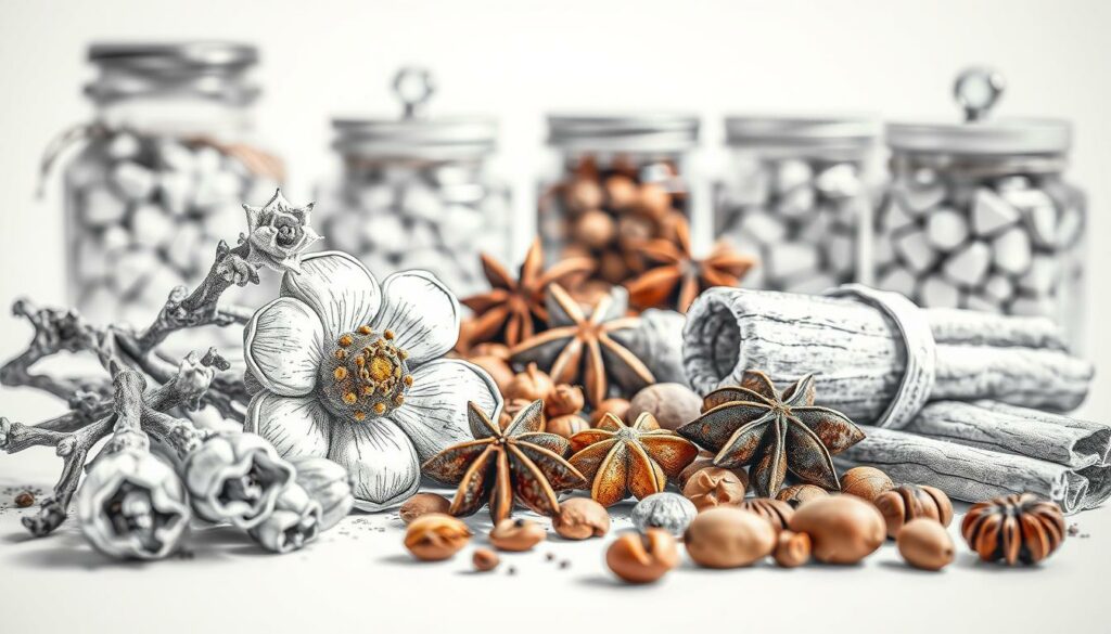A beautifully arranged still life featuring nutmeg flowers, Ceylon cinnamon, and various spices, depicted in intricate black and white pencil sketches with selective colorful accents on the spices. The foreground should showcase detailed muskatblüte (nutmeg flower) and zimt (cinnamon) twigs, highlighting their textures and shapes. In the middle ground, a collection of whole spices like star anise and cardamom pods should be artistically scattered around, beautifully rendered to show their unique characteristics. The background should feature soft, blurred outlines of spice jars, enhancing the focus on the foreground elements. Ensure soft, natural lighting that creates gentle shadows, imparting a warm, inviting atmosphere, suitable for an elegant culinary theme. The composition should communicate sophistication and the rich heritage of these classic spices.
