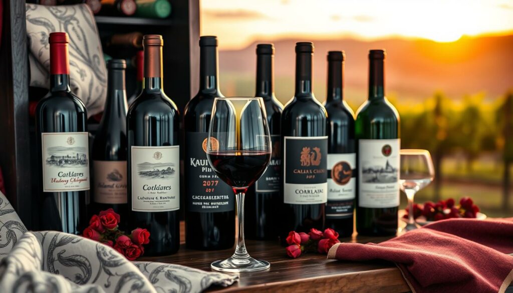 A beautifully arranged tabletop featuring exquisite bottles of premium wines from Germany and the New World, showcasing their elegant labels. The foreground highlights a dark wooden wine rack, adorned with richly textured fabrics in monochrome pencil sketch style. Subtle colored accents, like deep burgundy and emerald green, enhance the scene, creating depth and focusing attention on the wines. In the middle ground, a crystal wine glass partially filled with a rich red wine glimmers under warm, soft lighting, capturing the bottle's reflective qualities. Behind, a blurred vineyard landscape under a sunset sky adds warmth, invoking a sense of luxury and sophistication. The atmosphere is inviting and elegant, perfect for connoisseurs, conveying the essence of opulent, rare wines from both Germany and the New World. A beautifully arranged tabletop featuring exquisite bottles of premium wines from Germany and the New World, showcasing their elegant labels. The foreground highlights a dark wooden wine rack, adorned with richly textured fabrics in monochrome pencil sketch style. Subtle colored accents, like deep burgundy and emerald green, enhance the scene, creating depth and focusing attention on the wines. In the middle ground, a crystal wine glass partially filled with a rich red wine glimmers under warm, soft lighting, capturing the bottle's reflective qualities. Behind, a blurred vineyard landscape under a sunset sky adds warmth, invoking a sense of luxury and sophistication. The atmosphere is inviting and elegant, perfect for connoisseurs, conveying the essence of opulent, rare wines from both Germany and the New World.
