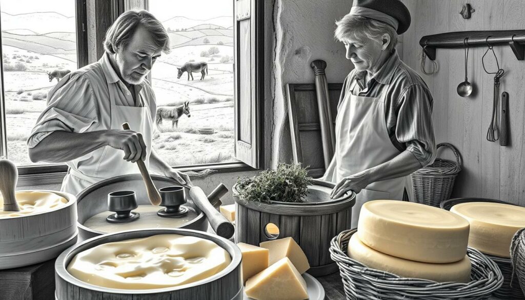 A detailed scene showcasing the traditional Serbian cheese-making process, particularly focusing on "pule" cheese. In the foreground, a skilled artisan, moderately aged, dressed in a white apron and professional attire, carefully stirs a pot of rich, creamy sheep's milk. The middle ground features wooden cheese molds filled with the freshly curdled cheese, surrounded by rustic kitchen tools, and a basket of fresh herbs. In the background, a rustic Serbian landscape can be seen through an open window, with rolling hills and grazing donkeys, subtly illustrated in soft shades. The atmosphere is warm and inviting, illuminated by natural light streaming in, creating a sense of authenticity and tradition. The entire image should be in pencil black and white with selective color accents highlighting the cheese and herbs.