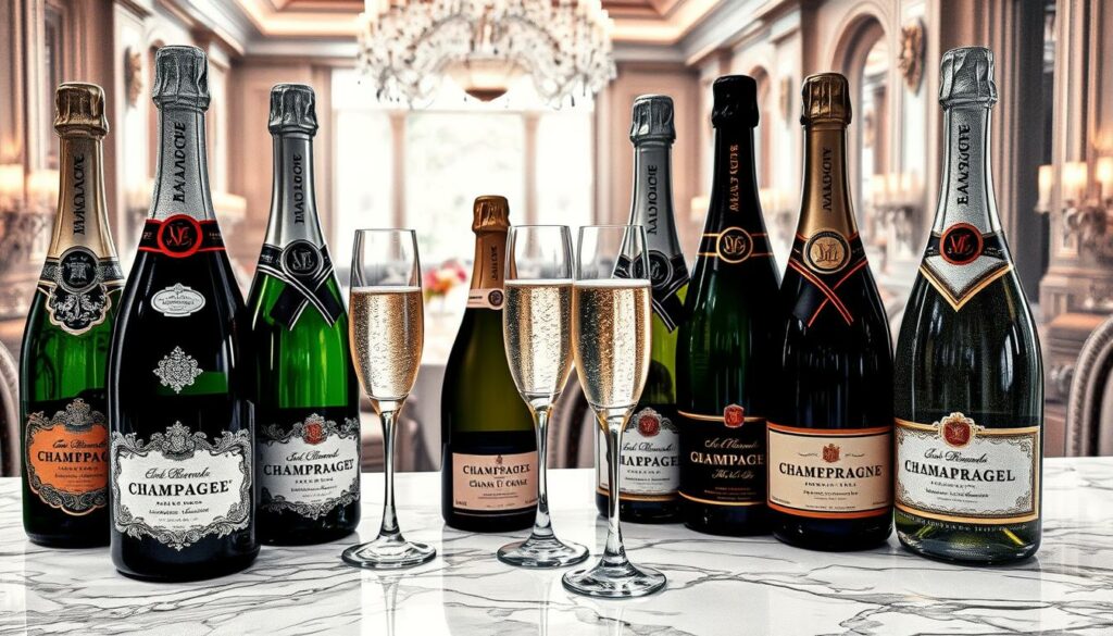 A luxurious display of the top 10 most expensive champagne bottles, artistically arranged on a marble table. In the foreground, showcase the unique and ornate designs of the bottles with intricate labels, capturing the elegance of each one. The middle section features delicate champagne flutes filled with bubbling champagne, glistening under soft, warm lighting. In the background, a softly blurred opulent setting, such as a lavish banquet hall, enhances the atmosphere of exclusivity. Incorporate a monochromatic pencil sketch style with selective color accents on the bottles and the champagne, highlighting their luxury. The lighting should create a refined ambiance, evoking sophistication and celebration, perfect for an elite gathering.