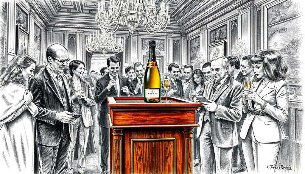 A luxurious scene depicting a historical champagne auction setting, with elegantly dressed individuals in professional attire engaging in bidding. In the foreground, a polished wooden auction podium, adorned with a vintage champagne bottle and a crystal flute, signifies the high-end atmosphere. The middle ground features attendees examining exquisite champagne labels and discussing prices animatedly, while a backdrop of ornate chandeliers and rich, classical decor exudes opulence. The image should be rendered in black and white pencil style, with selective colorful accents highlighting the champagne bottle and flutes, creating a striking contrast. Soft, ambient lighting casts gentle shadows, enhancing the sophisticated mood of anticipation and excitement, while a slightly elevated angle captures the dynamic energy of the auction.