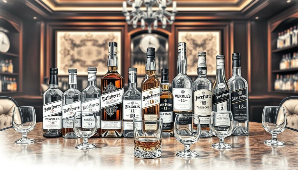 A sophisticated and artistic ranking of the top 10 most expensive whiskeys in the world, illustrated in a black and white pencil sketch style with selective color accents. In the foreground, display intricately designed whiskey bottles, each representing a different brand, arranged in a stylish tiered fashion. The middle ground should feature a polished wooden table setting surrounded by elegant whiskey glasses, creating an upscale ambiance. The background can subtly depict a dimly lit, luxurious bar atmosphere with soft shadows to enhance the mood. Use diffuse lighting to create a warm, inviting glow, while employing a shallow depth of field to focus on the bottles and glasses. Overall, convey a sense of exclusivity and refined taste, perfect for whiskey connoisseurs.