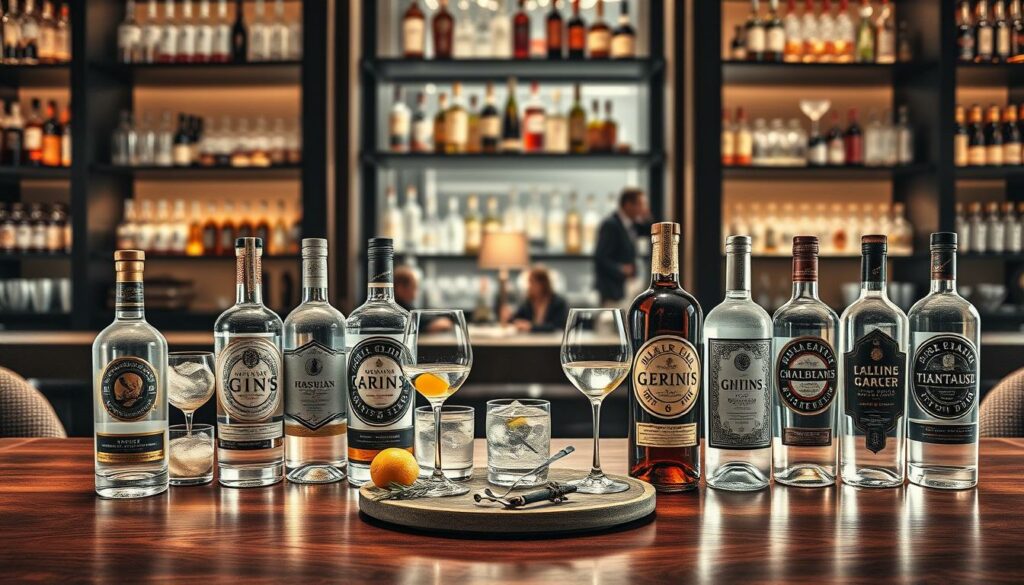 A sophisticated display of the "Top 10 Exclusive Gins of 2026" in a luxurious setting. In the foreground, an elegant wooden table showcases the ten distinctive gin bottles, each designed with unique artistry. The bottles vary in shape and size, featuring intricate labels, some with metallic accents, each reflecting craftsmanship and exclusivity. In the middle ground, a tasteful arrangement of premium tonic waters and garnishes like herbs and citrus fruits is artistically placed beside the gins. The background consists of softly blurred shelves filled with premium spirits and glassware, all in a cozy, dimly lit bar environment. The overall mood is upscale and refined, enhanced by warm ambient lighting that casts gentle shadows, emphasizing the richness of the gins. Please render in black and white pencil with selective, vibrant color accents on the gin bottles.