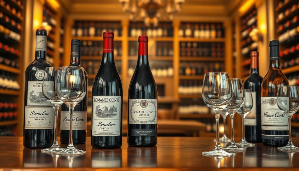 A sophisticated still life composition featuring the world's most expensive wine bottles, including Romanée-Conti and other rare vintages. In the foreground, showcase elegantly designed wine bottles with intricate labels, emphasizing their luxurious appeal. The middle layer presents a polished wooden table adorned with crystal wine glasses, with a soft light reflecting off their surfaces. In the background, a blurred opulent cellar filled with wine racks and faintly illuminated by warm, ambient lighting, creating an inviting atmosphere. Use black and white pencil sketch style for the overall composition, with selective color accents highlighting the wine bottles and glasses, conveying a rich, luxurious atmosphere. The image's focus should celebrate these record-setting wines, evoking a sense of exclusivity and sophistication. A sophisticated still life composition featuring the world's most expensive wine bottles, including Romanée-Conti and other rare vintages. In the foreground, showcase elegantly designed wine bottles with intricate labels, emphasizing their luxurious appeal. The middle layer presents a polished wooden table adorned with crystal wine glasses, with a soft light reflecting off their surfaces. In the background, a blurred opulent cellar filled with wine racks and faintly illuminated by warm, ambient lighting, creating an inviting atmosphere. Use black and white pencil sketch style for the overall composition, with selective color accents highlighting the wine bottles and glasses, conveying a rich, luxurious atmosphere. The image's focus should celebrate these record-setting wines, evoking a sense of exclusivity and sophistication.