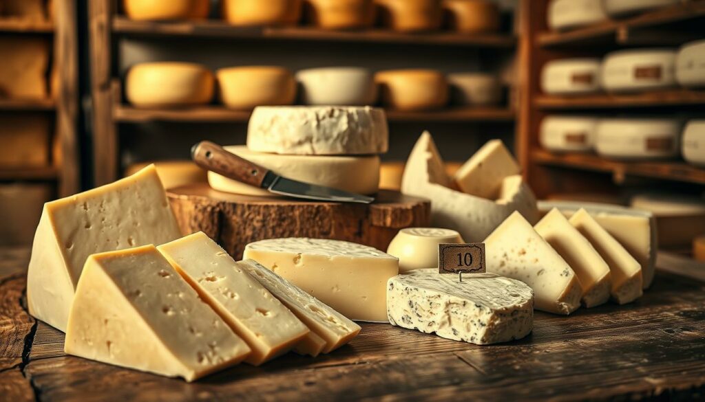 An elegant display of the world's most expensive cheeses arranged artistically on a rustic wooden table. In the foreground, delicately shaped wedges of Pule cheese with a creamy texture, next to soft Trüffel-Brie radiating a subtle earthy aroma. The middle layer features artisanal cheese knives and small rustic labels indicating their ranks from 10 to 6. In the background, a faint rustic cheese cellar ambiance, with aged wooden shelves and a soft focus on muted cheese wheels. The scene is illuminated with warm, soft lighting that creates a cozy atmosphere, enhancing the creamy whites and rich details of the cheeses. The entire image is rendered in pencil black and white with selective color accents highlighting the various cheese types, capturing an inviting yet luxurious feel.