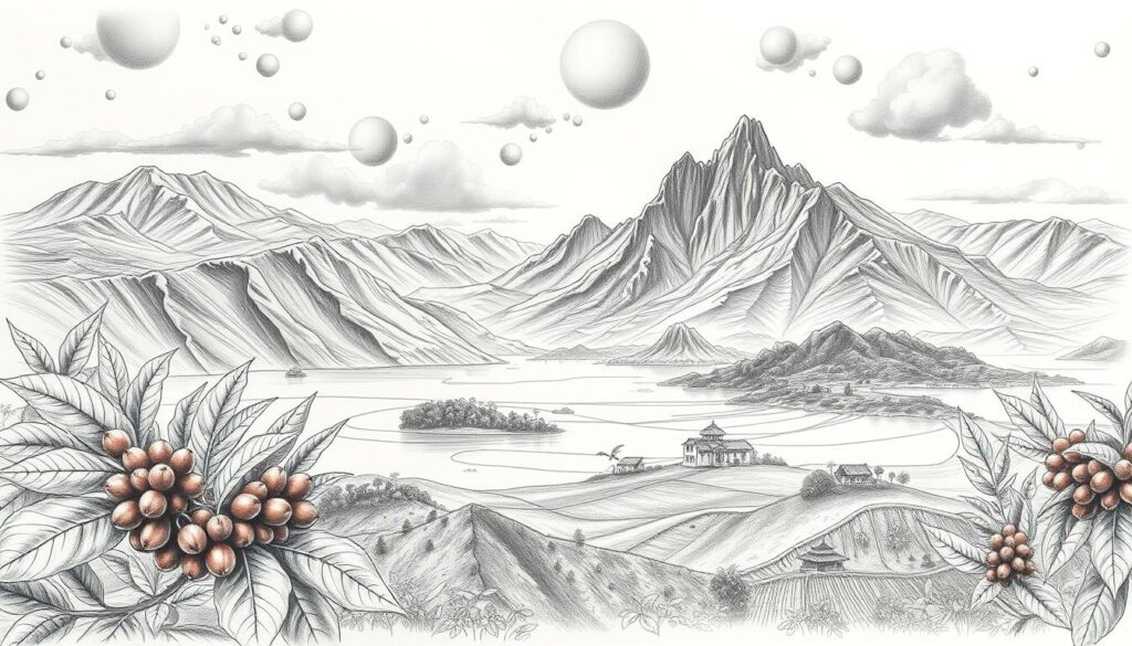 Black and white pencil sketch of legendary coffee-growing regions, featuring majestic mountains and lush islands. In the foreground, a stylized depiction of coffee plants with detailed fruits, contrasting against the serene landscape. The middle ground showcases rolling hills and vibrant green valleys, with traditional coffee farming structures subtly integrated into the scenery. The background reveals towering, jagged mountains under a dramatic sky, with hints of sunlight breaking through clouds, casting gentle shadows. Use selective color accents to highlight coffee berries in red and the lush green foliage. Emphasize a tranquil, yet vibrant atmosphere to reflect the rich heritage and quality of these renowned coffee regions.