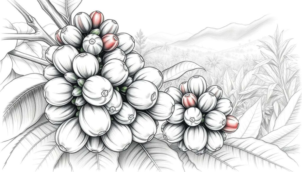 Create a black and white pencil sketch illustration featuring the botanical rarities of coffee - Geisha and Excelsa beans. In the foreground, depict detailed, realistic clusters of Geisha coffee cherries, showcasing their unique shape and color variations with subtle color accents for the cherries of varying ripeness. In the middle ground, include elongated Excelsa beans, highlighted with gentle shading and a hint of vibrant green to symbolize their rarity. The background should showcase a lush, tropical coffee plantation setting, with hints of exotic foliage and distant mountains. Use soft, diffused lighting to create a serene atmosphere, as if capturing the quiet beauty of a morning in the plantation. Focus on intricate textures and the elegance of these rare coffee plants.